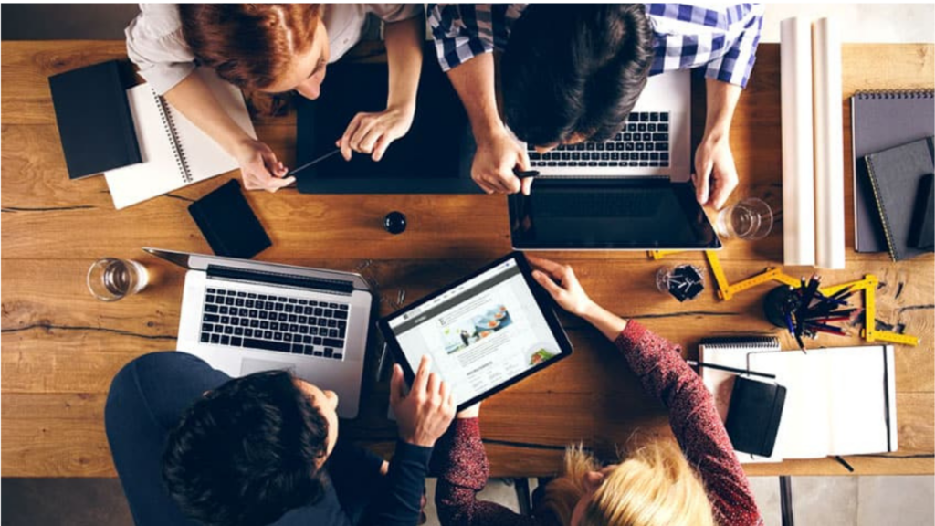 A team working together to update a website